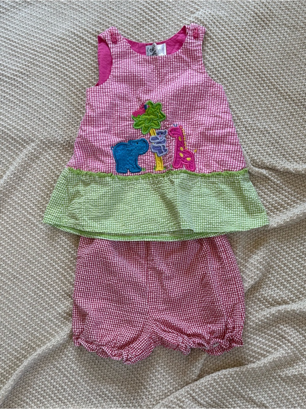 Austin & Ashley 2T Gingham Tunic Bloomer Set Pink Green Safari Hippo Giraffe VTG